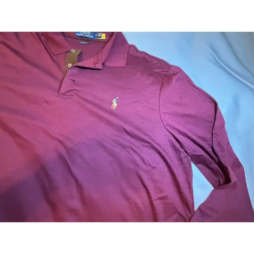 Ralph Lauren Mens Large Burgundy Pima Soft Touch Long Sleeve Polo Shirt